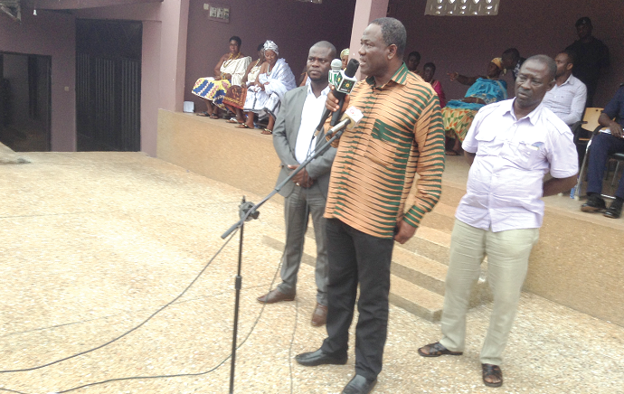 Mr Samuel Kofi Ahiave Dzamesi, Minister of Chieftaincy and Religious Affairs addressing the chiefs and elders of Sefwi-Wiawso. On his right is the Municipal Chief Executive of the Sefwi-Wiawso Municipality, Mr Owusu Agyapong Mr Samuel Kofi Ahiave Dzamesi, Minister of Chieftaincy and Religious Affairs addressing the chiefs and elders of Sefwi-Wiawso. On his right is the Municipal Chief Executive of the Sefwi-Wiawso Municipality, Mr Owusu Agyapong