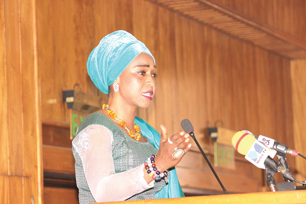 Ms Barbara Asher Ayisi (inset), a Deputy Minister of Education, speaking at the launch of the 23rd Teachers Award.