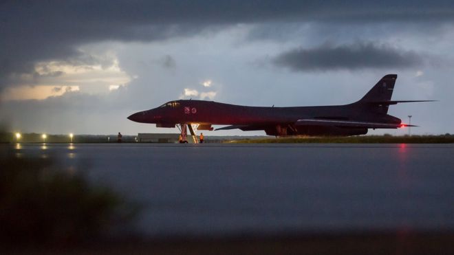 The bombers staged a show of force close to North Korea's east coast The bombers staged a show of force close to North Korea's east coast