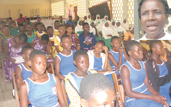 Some students present at the Girls Club Fair. INSET: Ms Margaret Brew Ward, Advocacy and Campaigns Manager of Actionaid, in an interview. Some students present at the Girls Club Fair. INSET: Ms Margaret Brew Ward, Advocacy and Campaigns Manager of Actionaid, in an interview.