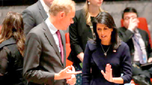 Nikki Haley (right) talking to UK envoy Matthew Rycroft before the UN Security Council meeting Nikki Haley (right) talking to UK envoy Matthew Rycroft before the UN Security Council meeting