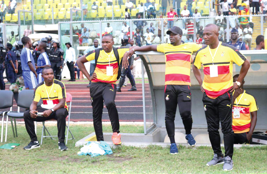 Coach Kwasi Appiah (right), Stephen Appiah (middle) and another member of his backroom team look dejected after the game with Congo Coach Kwasi Appiah (right), Stephen Appiah (middle) and another member of his backroom team look dejected after the game with Congo