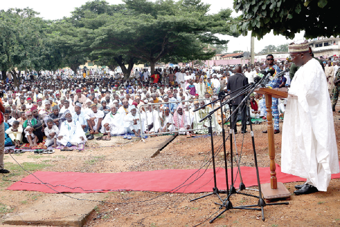 Vice-President Dr Mahamudu Bawumia (standing right) addressing the large Muslim congregation at the Central Mosque at Aboabo in Kumasi. Picture: EMMANUEL BAAH