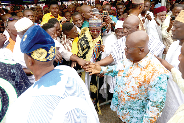  President Akufo-Addo interacting with Muslims at the Black Star Square after the Eid-ul-Adha prayers. Picture: SAMUEL TEI ADANO