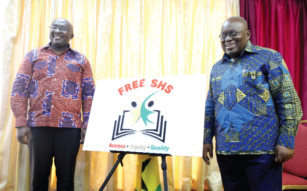 President Akufo-Addo and Vice President Mahamudu Bawumia in a pose for the cameras with the Free SHS Logo at the Flagstaff House. Picture: SAMUEL TEI ADANO President Akufo-Addo and Vice President Mahamudu Bawumia in a pose for the cameras with the Free SHS Logo at the Flagstaff House. Picture: SAMUEL TEI ADANO