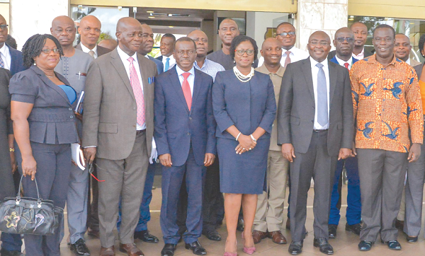 Vice-President Dr Bawumia (middle) flanked by Mrs Elsie Awadzie, 2nd Deputy Governor, Bank of Ghana, and Mr Ignatius Baffour Awuah, the Employment Minister, with stakeholders after the meeting Vice-President Dr Bawumia (middle) flanked by Mrs Elsie Awadzie, 2nd Deputy Governor, Bank of Ghana, and Mr Ignatius Baffour Awuah, the Employment Minister, with stakeholders after the meeting