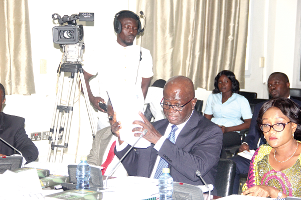 Mr Eugene Asante Ofosuhene (left), the Controller and Accountant General, showing documents to the Public Accounts Committee. Looking on is Mrs Abena Osei-Asare (2nd left), a Deputy Minister of Finance. Picture: Maxwell Ocloo Mr Eugene Asante Ofosuhene (left), the Controller and Accountant General, showing documents to the Public Accounts Committee. Looking on is Mrs Abena Osei-Asare (2nd left), a Deputy Minister of Finance. Picture: Maxwell Ocloo