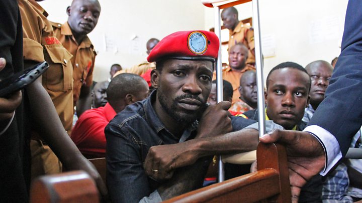 Uganda's popular musician-turned-politician Bobi Wine appeared in court on Monday with crutches Uganda's popular musician-turned-politician Bobi Wine appeared in court on Monday with crutches