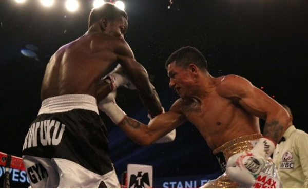 Maxwell Awuku is pinned to the ropes as Miguel Berchelt goes on the attack last Saturday Maxwell Awuku is pinned to the ropes as Miguel Berchelt goes on the attack last Saturday