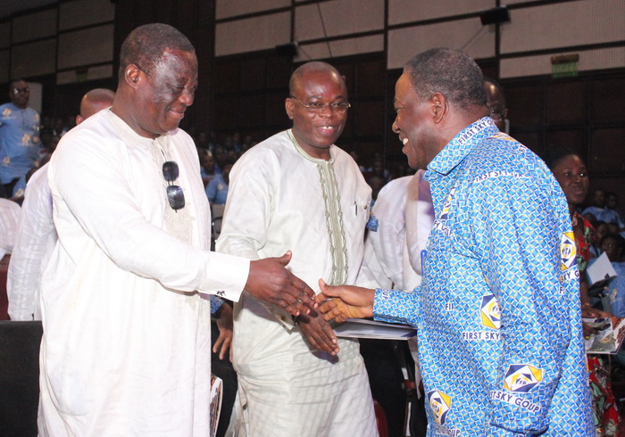Mr Kofi Dzamesi (right), the Minister of Chieftaincy and Religious Affairs, being congratulated by Mr Amoako Attah (left), the Minister of Roads and Highway and Mr James Avedzi. Mr Kofi Dzamesi (right), the Minister of Chieftaincy and Religious Affairs, being congratulated by Mr Amoako Attah (left), the Minister of Roads and Highway and Mr James Avedzi.