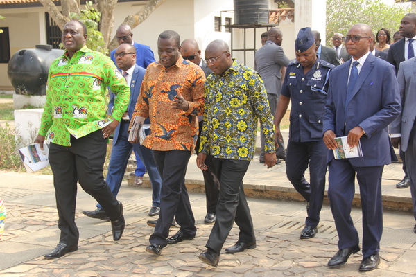 Mr Ignatius Baffour-Awuah (2nd left), Minister of Employment and Labour Relations, explaining a point to Vice-President Mahamudu Bawumia (3rd right) and Mr Alan Kyerematen (left), Minister of Trade and Industry, after the opening ceremony. With them is Prof. Michael Ayitey Tagoe (right), acting Provost, College of Education and Dean, School of Continuing and Distance Education.