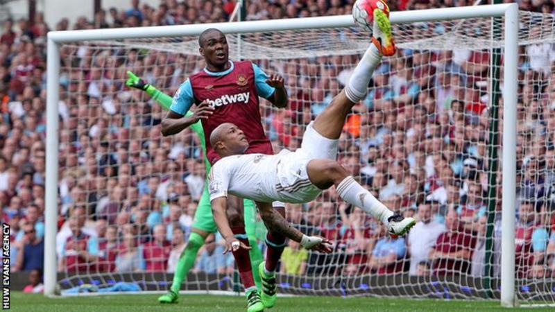 One of Andre Ayew's 15 goals for Swansea in his debut Premier League season included a spectacular overhead kick against West Ham One of Andre Ayew's 15 goals for Swansea in his debut Premier League season included a spectacular overhead kick against West Ham