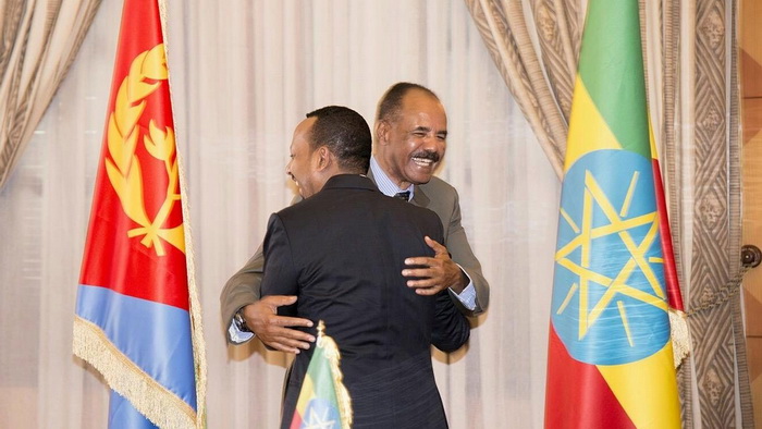 Ethiopia's prime minister Abiy Ahmed and Eritrean president Isaias Afwerk embrace at the declaration signing in Asmara, Eritrea July 9, 2018 Ethiopia's prime minister Abiy Ahmed and Eritrean president Isaias Afwerk embrace at the declaration signing in Asmara, Eritrea July 9, 2018