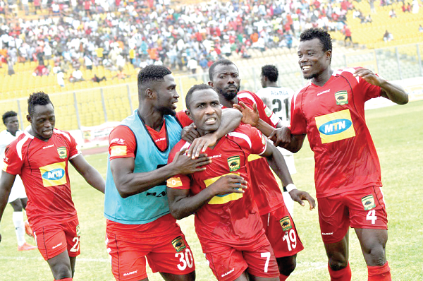 Kotoko’s lone goal hero, Obed Owusu mobbed by his teammates to celebrate his goal. Picture EMMANUEL BAAH Kotoko’s lone goal hero, Obed Owusu mobbed by his teammates to celebrate his goal. Picture EMMANUEL BAAH