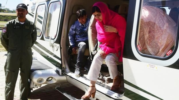 Ms Yousafzai arrived in the Swat Valley by helicopter Ms Yousafzai arrived in the Swat Valley by helicopter