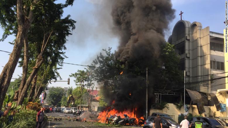 A government handout image shows a bomb blast at Surabaya Pantekosta (Pentecostal) Center Church on May 13, 2018 in Surabaya, Indonesia. A government handout image shows a bomb blast at Surabaya Pantekosta (Pentecostal) Center Church on May 13, 2018 in Surabaya, Indonesia.