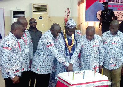 Dr Mahamudu Bawumia (2nd left) joined by Mr Kwaku Agyeman Manu (2nd right), and Dr Frank Ankobea (middle) to cut the anniversary cake. Also in the picture is Mr Eric Kwakye Dafour (right), the Eastern Regional Minister Dr Mahamudu Bawumia (2nd left) joined by Mr Kwaku Agyeman Manu (2nd right), and Dr Frank Ankobea (middle) to cut the anniversary cake. Also in the picture is Mr Eric Kwakye Dafour (right), the Eastern Regional Minister