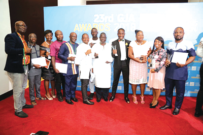 Charles Andoh of The Mirror (left), receiving his award on Domestic Tourism (Print category) from Mr Akwasi Agyeman, the Chief Executive Officer of the Ghana Tourism Authority Charles Andoh of The Mirror (left), receiving his award on Domestic Tourism (Print category) from Mr Akwasi Agyeman, the Chief Executive Officer of the Ghana Tourism Authority