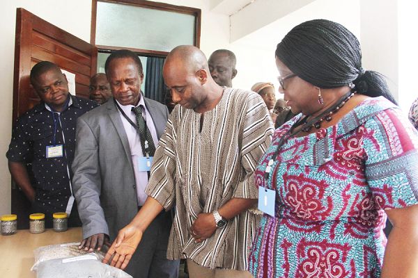 Prof. Godfred Ofosu-Budu (2nd left), Dr Sagre Bambangi (3rd left) and Dr Margaret Amoakohene (4h left), Head of Department of Communications, University of Ghana, looking at some of the soil samples on display. Picture: MAXWELL OCLOO Prof. Godfred Ofosu-Budu (2nd left), Dr Sagre Bambangi (3rd left) and Dr Margaret Amoakohene (4h left), Head of Department of Communications, University of Ghana, looking at some of the soil samples on display. Picture: MAXWELL OCLOO