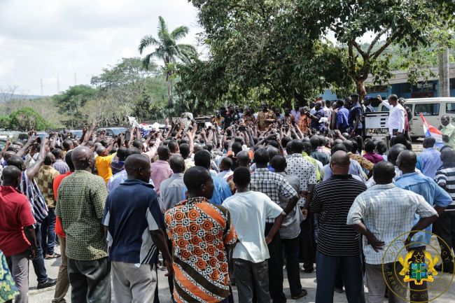 President Akufo-Addo (arrowed) listens as the CEO of ATL, Mr Kofi Boateng addresses workers of the company