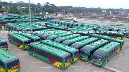 With the exception of six buses that are being used as shuttles between terminals two and three at the Kotoka International Airport in Accra, all the other buses in Accra numbering about 170 have been parked at Achimota terminal in Accra. With the exception of six buses that are being used as shuttles between terminals two and three at the Kotoka International Airport in Accra, all the other buses in Accra numbering about 170 have been parked at Achimota terminal in Accra.
