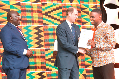 Prince Edward, Earl of Wessex presenting a Gold award to Master Yaw Biney Gyapong (right), one of the recipients of the award. Looking on is Dr Mahamudu Bawumia (left). Picture by SAMUEL TEI ADANO Prince Edward, Earl of Wessex presenting a Gold award to Master Yaw Biney Gyapong (right), one of the recipients of the award. Looking on is Dr Mahamudu Bawumia (left). Picture by SAMUEL TEI ADANO