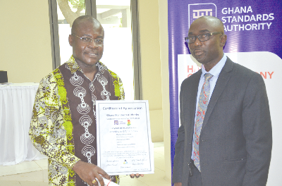 •Prof. Dodoo, GSA Director-General (left) and Dr Akwasi Achampong, GSA Board Chairman after receiving a certificate of accreditation from Daaks, a German Accreditation Agency. •Prof. Dodoo, GSA Director-General (left) and Dr Akwasi Achampong, GSA Board Chairman after receiving a certificate of accreditation from Daaks, a German Accreditation Agency.