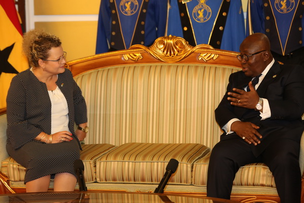 President Nana Addo Dankwa Akufo-Addo interacting with Ms Shani Cooper (left), the Israeli Ambassador to Ghana, at the Jubilee House in Accra