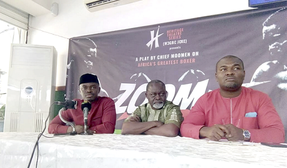 • Playwright Chief Moomen (left) with Azumah Nelson (middle) and Yaw Sakyi at the launch. • Playwright Chief Moomen (left) with Azumah Nelson (middle) and Yaw Sakyi at the launch.