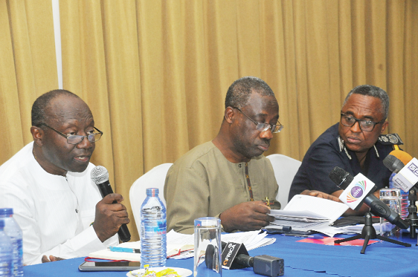 Mr Ken Ofori-Atta, the Minister of Finance, making remarks at the forum. Those with him are Mr Emmanuel Kofi Nti (middle), the Commissioner General, GRA, and Mr Issac Crentsil, the Commissioner, Customs Division of GRA. Pictures: EBOW HANSON Mr Ken Ofori-Atta, the Minister of Finance, making remarks at the forum. Those with him are Mr Emmanuel Kofi Nti (middle), the Commissioner General, GRA, and Mr Issac Crentsil, the Commissioner, Customs Division of GRA. Pictures: EBOW HANSON