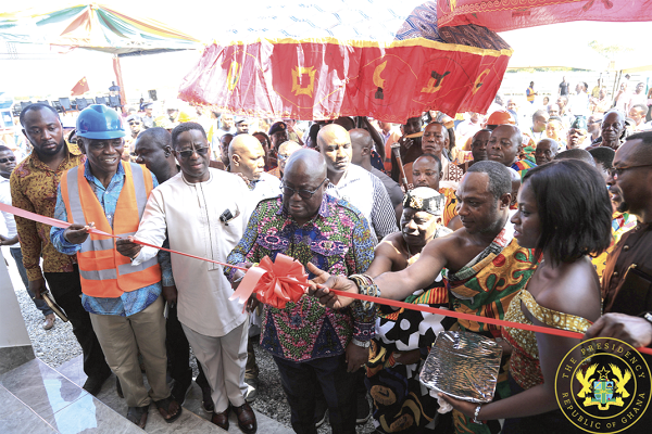 President Akufo-Addo being assisted by Mr John-Peter Amewu (2nd left), the Omanhene of Gomoa Akyempim, Obrifo Ahor Ankobea (3rd right) and the president of the Central Regional House of Chiefs, Obrempon Nyanful Krampah XI (2nd right), to inaugurate the 20MW Solar plant President Akufo-Addo receives the Honorary Doctorate Degree.President Akufo-Addo being assisted by Mr John-Peter Amewu (2nd left), the Omanhene of Gomoa Akyempim, Obrifo Ahor Ankobea (3rd right) and the president of the Central Regional House of Chiefs, Obrempon Nyanful Krampah XI (2nd right), to inaugurate the 20MW Solar plant