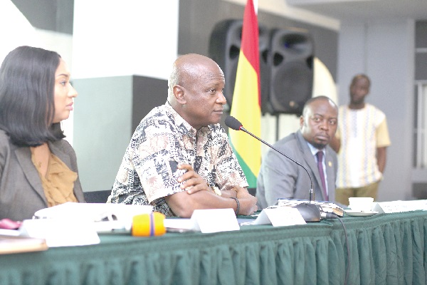 Togbe Afede XIV (right), Paramount Chief, Asogli Traditional Area, addressing the meeting. With him is Ms Jane Reindorf-Attoh