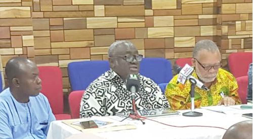  Mark Dankyira Korankye addressing the media. He is flanked by Dr William Adjei Twumasi (left) and Mr Peter Lumor