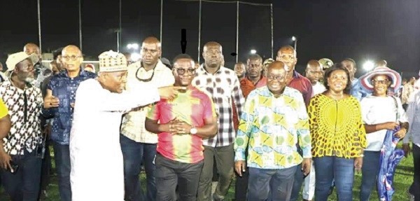 Mr Robert Coleman (arrowed), the Chief Executive Officer of Wembley Sports Construction, conducting President Akufo-Addo round the Madina Artificial Football Park complex. With them are Mr Abubakar Boniface Siddique, Minister of State at the Office of the Vice President (left) and other officials Mr Robert Coleman (arrowed), the Chief Executive Officer of Wembley Sports Construction, conducting President Akufo-Addo round the Madina Artificial Football Park complex. With them are Mr Abubakar Boniface Siddique, Minister of State at the Office of the Vice President (left) and other officials