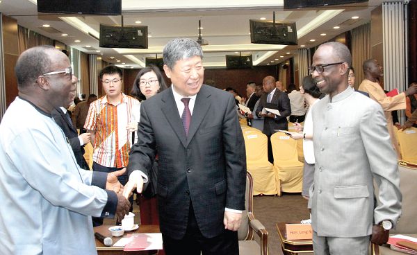 Mr Leng Rong (middle), member of the 19th Central Committee of the Communist Party of China (CPC) with Mr Freddie Blay (left), Chairman, New Patriotic Party, Mr Johnson Asiedu Nketia (right), Chairman, National Democratic Congress after the ceremony. Picture: BENEDICT OBUOBI Mr Leng Rong (middle), member of the 19th Central Committee of the Communist Party of China (CPC) with Mr Freddie Blay (left), Chairman, New Patriotic Party, Mr Johnson Asiedu Nketia (right), Chairman, National Democratic Congress after the ceremony. Picture: BENEDICT OBUOBI