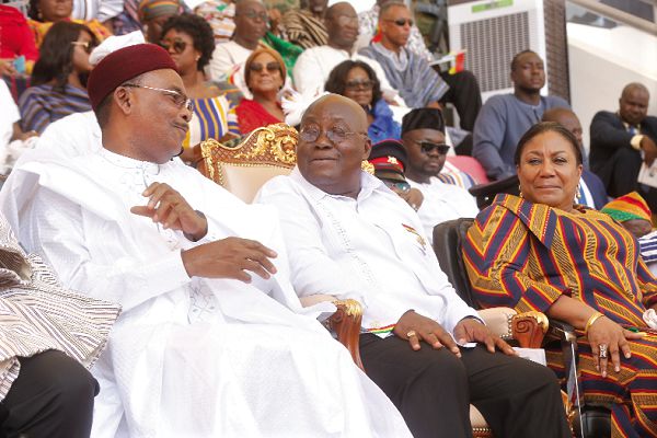 President Akufo-Addo in a chat with Mr Mahamadou Issoufou (left), the President of Niger. With them is Mrs Rebecca Akufo-Addo, the First Lady. Picture: SAMUEL TEI ADANO President Akufo-Addo in a chat with Mr Mahamadou Issoufou (left), the President of Niger. With them is Mrs Rebecca Akufo-Addo, the First Lady. Picture: SAMUEL TEI ADANO