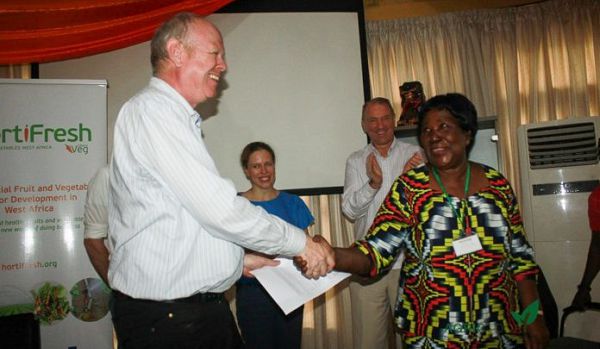 Juliana Opuni (right), CEO of Joekopan Enterprise exchanging pleasantries with an official from the Netherlands Embassy