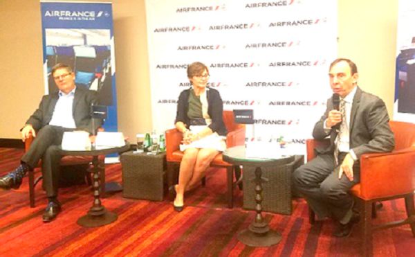  Mr Frank Legre (right) addressing the press conference. With him are  Mrs Carole Peytavin (middle) and Mr Dick Van Nieuwenhuyzen