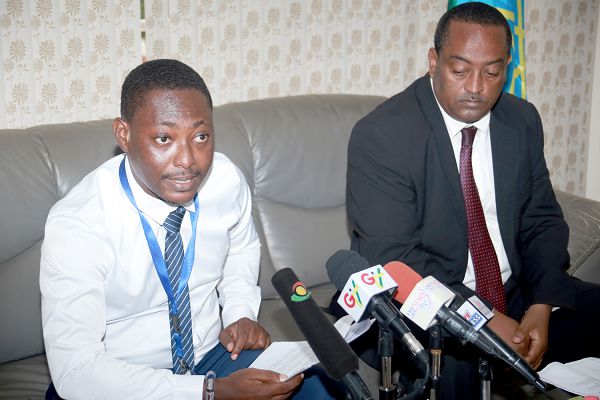 Mr Selasi Koffi Ackom (left) speaking at the press conference. With him is Mr Regassa Kefale Ere