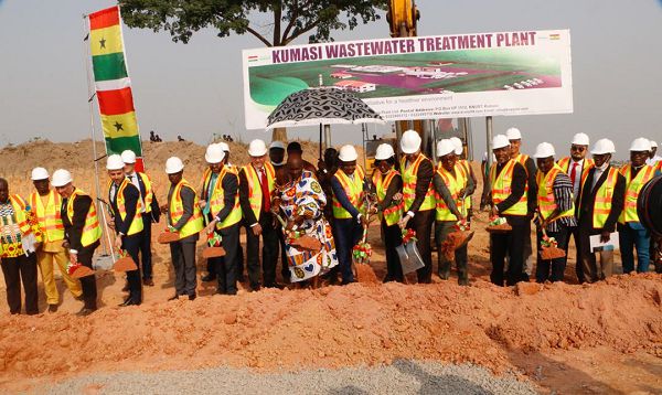 Officials of the Jospong group of companies, Pureco Limited and other dignitaries breaking the ground for work to begin