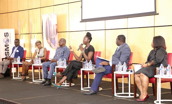 Ms Ewura Abena Agyemang (3rd right), one of the panallists who schooled the contestants on entrepreneurship Ms Ewura Abena Agyemang (3rd right), one of the panallists who schooled the contestants on entrepreneurship