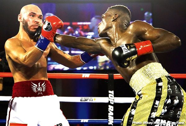 Richard Commey lands a right to Ray Beltran’s jaw Richard Commey lands a right to Ray Beltran’s jaw