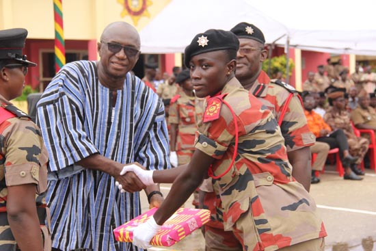 Mr Ambrose Dery (left), the Minister for the Interior, presenting the Overall Best Recruit award to RFW Veronica Ababio Aggrey at the event. Picture: EDNA ADU-SERWAA Mr Ambrose Dery (left), the Minister for the Interior, presenting the Overall Best Recruit award to RFW Veronica Ababio Aggrey at the event. Picture: EDNA ADU-SERWAA