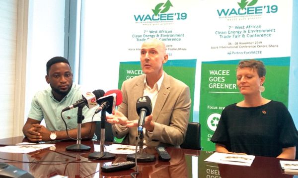 Mr Michael Blank (middle) addressing the media. With him are Madam Katharina Felgenhaeur (right) and Mr Andrew N. M. Aryee (left)
