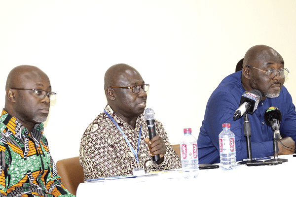 Mr Emmanuel Appoh (middle), Head of Environmental Quality Department at EPA, addressing participants at the press briefing. Those with him are Mr Ebenezer Appah-Sampong (right), Deputy Executive Director of the EPA and Mr Desmond Appiah (left), Resilience and Sustainability Advisor to the Accra Metropolitan Assembly. Mr Emmanuel Appoh (middle), Head of Environmental Quality Department at EPA, addressing participants at the press briefing. Those with him are Mr Ebenezer Appah-Sampong (right), Deputy Executive Director of the EPA and Mr Desmond Appiah (left), Resilience and Sustainability Advisor to the Accra Metropolitan Assembly.