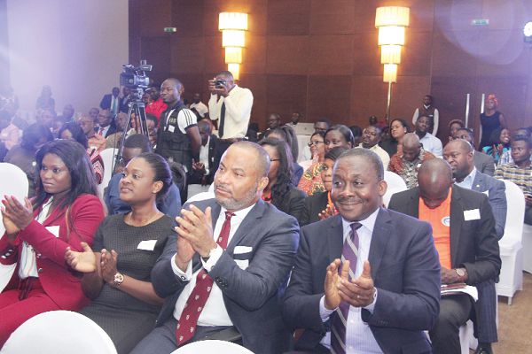 Mr Albert Harrison Nkansah (left), CEO, Bedrock Insurance Limited, addressing guests at the launch. Pictures: BENEDICT OBUOBI
