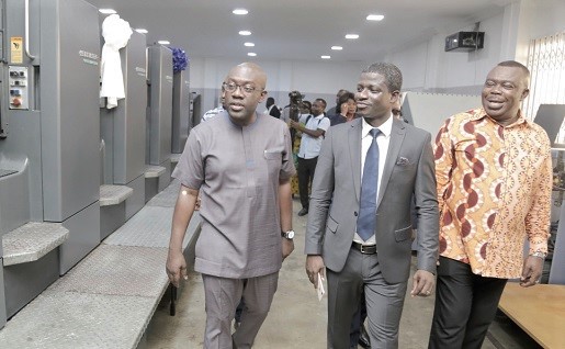 From left to right; Mr Kojo Oppong Nkrumah, Mr David Boateng Asante, Managing Director, Ghana Publishing Company Limited (GPCL), and Mr Stephen Asamoah Boateng inspecting the Heidelberg speedmaster five-colour machine during the inauguration ceremony. From left to right; Mr Kojo Oppong Nkrumah, Mr David Boateng Asante, Managing Director, Ghana Publishing Company Limited (GPCL), and Mr Stephen Asamoah Boateng inspecting the Heidelberg speedmaster five-colour machine during the inauguration ceremony.