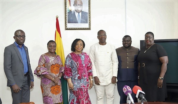 Ms Shirley Ayorkor Botchwey (3rd left) with the Executives of the GJA made up of Mr Roland Affail Monney (3rd right); Ms Mary Mensah Public Relations Officer, (right); Albert Kwabena Dwumfour, Organising Secretary, (2nd right); Mrs Linda Asante-Agyei, Vice President (2nd left), and Mr Kofi Yeboah, General Secretary (left) Ms Shirley Ayorkor Botchwey (3rd left) with the Executives of the GJA made up of Mr Roland Affail Monney (3rd right); Ms Mary Mensah Public Relations Officer, (right); Albert Kwabena Dwumfour, Organising Secretary, (2nd right); Mrs Linda Asante-Agyei, Vice President (2nd left), and Mr Kofi Yeboah, General Secretary (left)