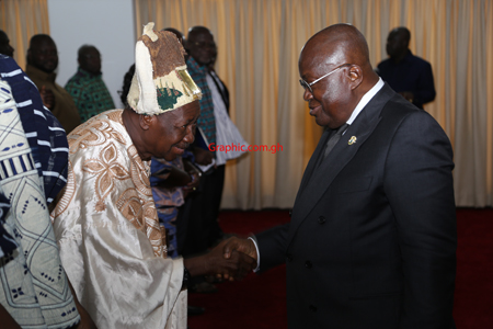 President Nana Addo Dankwa Akufo-Addo welcoming Pe Charles Awampaga II, Paramount Chief of Paga Traditional Area to the Jubilee House in Accra..Picture by SAMUEL TEI ADANO President Nana Addo Dankwa Akufo-Addo welcoming Pe Charles Awampaga II, Paramount Chief of Paga Traditional Area to the Jubilee House in Accra..Picture by SAMUEL TEI ADANO