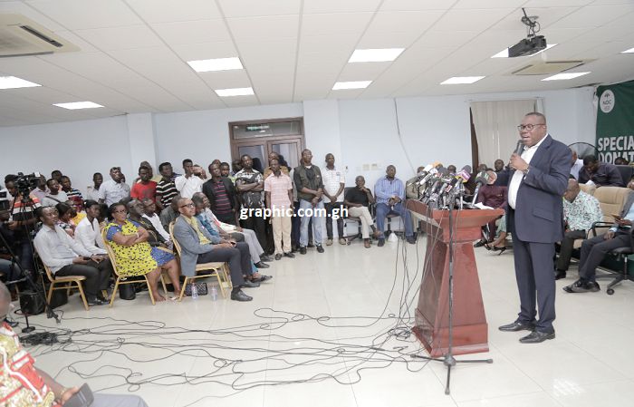 Mr Samuel Ofosu Ampofo (right), NDC National Chairman addressing the press at the party’s headquarters. Picture: EMMANUEL ASAMOAH ADDAI